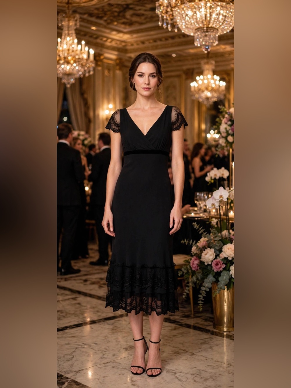 Vintage LOFT Navy Lace-Trim Midi Dress with Cap Sleeves